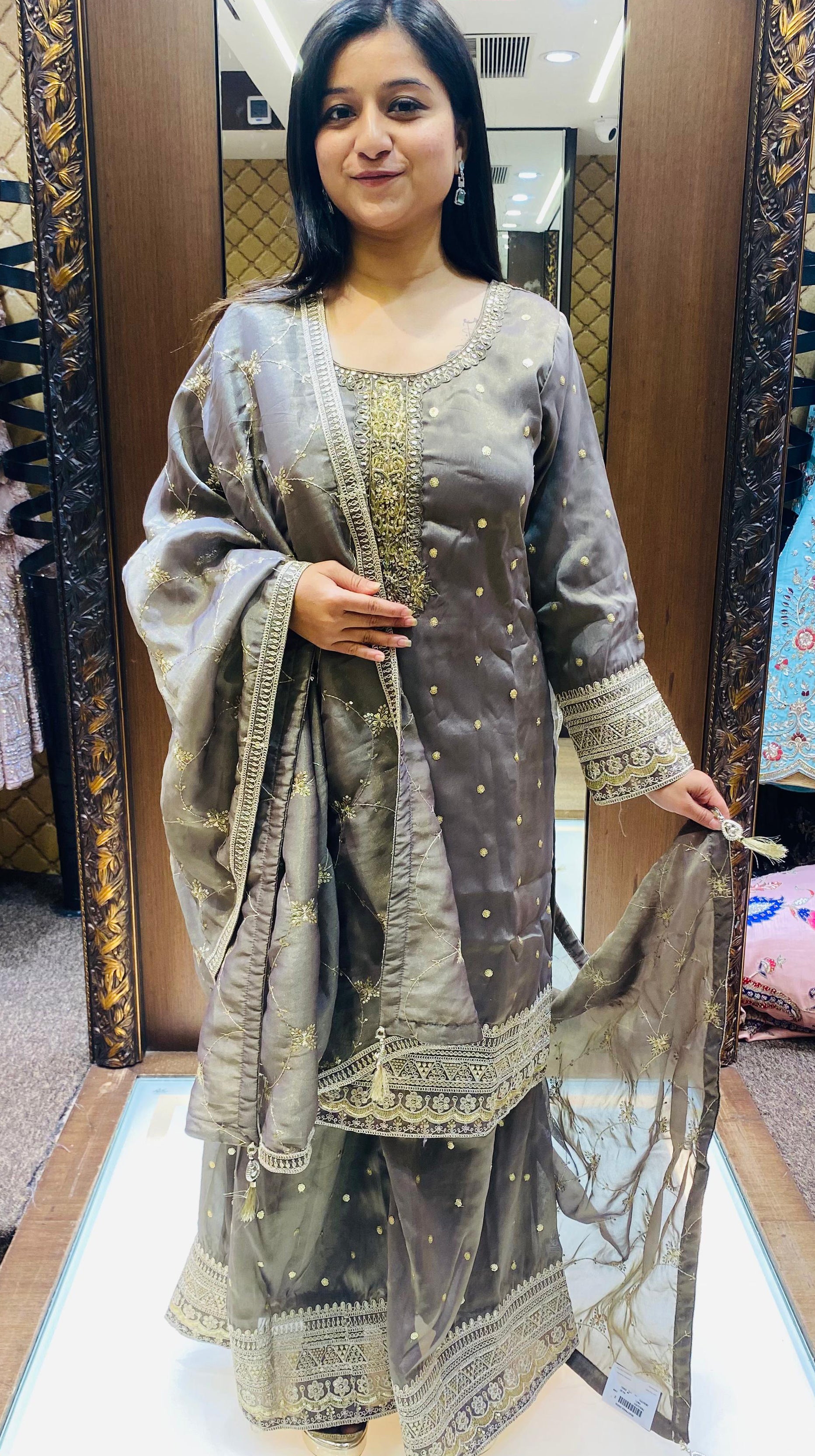 Lilac Color Organza Thread Work Palazzo Suit
